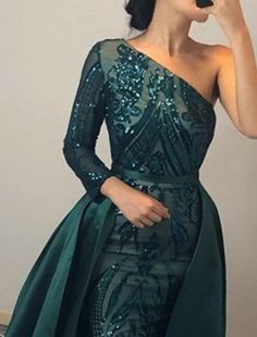 Mermaid / Trumpet Evening Gown Elegant Dress Formal Wedding Court Train Long Sleeve One Shoulder Detachable Satin with Sequin Green Wedding Dress For Party, Fitted Green Wedding Dress For Party, Green Long Sleeve Bridesmaid Gown, Glamorous Green Gown For Wedding, Green Sequined Gown For Wedding, Glamorous Green Wedding Gown, Dresses Formal Elegant, Wedding Court, Evening Gowns Elegant