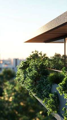 an outdoor area with trees and plants on the roof