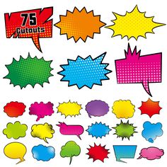 an assortment of comic style speech bubbles with the number 75 in each one, on a white background