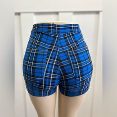 Blue Plaid High Rise Shorts Stretchy Plaid Shorts Outfit, Crochet Lace Shorts, Outfit References, Dressy Shorts, Shorts Outfit, Tie Dye Shorts, Pleated Shorts, Mom Shorts, High Rise Shorts