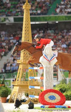 a person on a horse jumping over an obstacle in front of a crowd with people watching