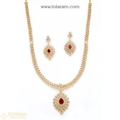 18K Gold Long Diamond Necklace & Drop Earrings Set with Color Stones - 235-DS749 - Buy this Latest Indian Gold Jewelry Design in 104.400 Grams for a low price of  $18,180.60 Long Diamond Necklace, Indian Gold Jewellery Design, Ruby Diamond Necklace, Uncut Diamond Necklace, Mango Necklace, Indian Diamond Jewellery, Gold Reserve, Indian Gold Jewelry, Necklace Set Indian