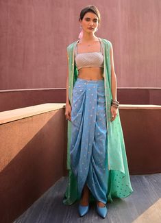 Powder Blue Draped Dhoti Skirt Set with Cape Chamee and Palak - Fabilicious Fashion Drape Skirts Indo Western, Pearl Bustier, Dhoti Skirt, Blue Drapes, Vacuum Storage, Indian Wedding Wear, Organza Dupatta, Indo Western, Beach Weddings