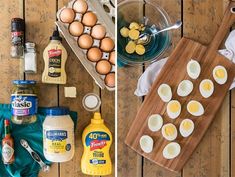 the ingredients to make deviled eggs are shown here