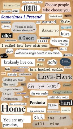 a collage of different types of words and phrases on a piece of cardboard paper