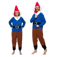 two men dressed in costumes standing side by side, one wearing an elf hat and the other with his hands on his hips