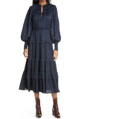 Like New. Beautiful Midnight Blue Long Sleeve Satin Dress With Gorgeous Details. Midi Length. Fit Is True To Size. Perfect For Fall! Midnight Color, Long Sleeve Satin Dress, Serena Dress, Sabrina Dress, Ulla Johnson Dress, Camilla Dress, Skirt Ruffle, Embroidered Midi Dress, Ruffled Neckline