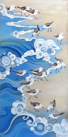 a painting of birds flying over the ocean