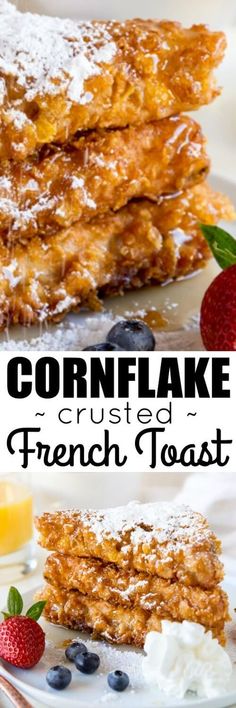 cornflake crusted french toast on a plate with fresh berries