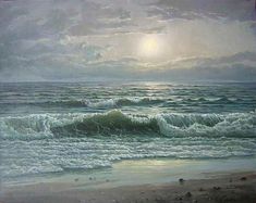 a painting of the ocean with waves coming in to shore and sun shining through clouds