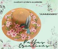 Unique one of a kind hand painted straw hat.  This hummingbird and cherry blossoms will  complete your Spring, Summer, and festival outfit. This hat goes with everything.  beach, vacation, Easter, Coachella, Mother's Day, Kentucky Derby, special gift, or perfect for yourself. These hats have an adjustable string in the hat band to insure one size can fit all. Protect yourself from the sun with a uniquely designed Pallas Creations hat. Each one is custom hand painted with acrylic enamel paint just for you so the design and colors may differ slightly.   Follow us on Etsy and Facebook.  We are always adding and changing designs to create trending and unique designs. Instructions are easy: If you would like any color changes or customization please let us know in an email.  Additional charges Artisan Straw Hat With Curved Brim For Spring, Artisan Hat For Spring Vacation, Artisan Spring Vacation Hat, Adjustable Artisan Sun Hat For Spring, Handmade Straw Hat For Spring Vacation, Artisan Brimmed Sun Hat For Spring, Handmade Hats For Spring Vacation, Handmade Pink Straw Hat For Summer, Handmade Spring Vacation Hat