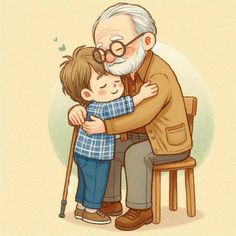 an old man hugging a little boy on the cheek with a cane in his hand