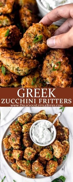 greek zucchini fritters on a plate with dipping sauce