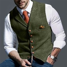 Fabric:Tweed; Gender:Men's; Style:Retro Vintage; Occasion:Formal,Wedding; Fit Type:Tailored Fit; Vest Buttons:Single Breasted More-button; Item Type:Vest; Pattern:Herringbone; Neckline:Notch; Listing Date:09/19/2023; Clothing Length:; Bust: Stylish Waistcoats, Mens Business Casual, Army Green Vest, Gentlemen Style, Wedding Vest, Men Waistcoat, Mens Vest Fashion, Men Vest, Orange Pullover