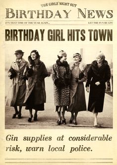 an old newspaper article features women in coats and hats on the cover, with caption that reads birthday girl hits town