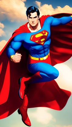 a man in a superman costume flying through the air with his arms out and hands on his hips