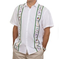 Dat Mambo Shirt Dat Mambo Shirt Mardi Gras - Little Miss Muffin Children & Home Traditional Embroidered Linen Shirt, Traditional White Linen Shirt, White Embroidered Linen Shirt, Traditional Green Embroidered Shirt, Mardi Gras Shirt, Gold Embroidery, Mambo, Purple Green, Mardi Gras