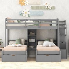 bunk beds with storage drawers underneath them in a child's bedroom or playroom