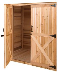 an open wooden storage box with sliding doors