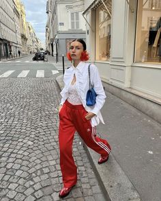 Blue Chanel Bag, Cherry Red Outfit, Adidas Sweatpants Outfit, Cool Girl Outfit, Red Rose Earrings, Red Pants Outfit