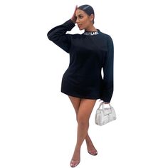 Fashion Letter High Neck Dexy Long Dleeve Hip Dress Trendy Crew Neck Dress For Night Out, Trendy Long Sleeve Sweater Dress For Party, Crew Neck Mini Dress For Night Out In Fall, Casual Long Sleeve Sweater Dress For Night Out, Casual Long Sleeve Mini Dress For Night Out, Dress Item, Hip Dress, Product Name, High Neck