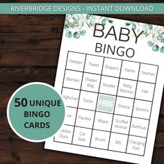 the printable baby shower game is displayed on a wooden table with text that reads 50 unique