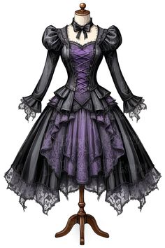 Goth Illustration, Goth Gown, Victorian Era Dresses, Gothic Gowns, Dress Clipart, Gothic Costume, 18th Bday, Victorian Goth, Vintage Goth