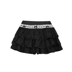 This black skirt features lace trim and a bow decoration at the waist, as well as a bowknot print design. The tiered skirt design adds depth and dimension to the overall look.  The price includes one skirt only.   	 		 			Size 			S 			M 			L 		 		 			Length 			33 			34 			35 		 		 			Waist 			64 			68 			72 Elegant Tiered Bottoms With Elastic Waistband, Chic Tiered Mini Skirt With Lace Trim, Black Tiered Ruffle Bottoms, Elegant Tiered Black Bottoms, Elegant Black Tiered Bottoms, Black Flowy Tiered Skirt, Black Tiered Bottoms With Elastic Waistband, Chic Black Tiered Bottoms, Black Lace Summer Skirt