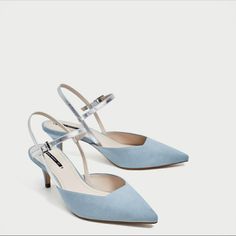 Blue, Kitten Heel, Slingback Shoes With Straps In Contrasting Colours And Buckled Strap Around The Ankle. Heels Height 2.5” New With Tag Tag Size Eu40/Us9 Upper 75% Polyester, 25% Polyurethane Lining 100% Polyurethane Sole 100% Polyurethane Thermoplastic Slipsole 90% Polyurethane, 10% Polyester S61 Blue Ankle Strap Slingback Pumps With 4-inch Heel, Blue Kitten Heels For Evening In Spring, Blue Kitten Heels For Spring Evening, Blue Slingback Pumps With 4-inch Heel For Evening, Blue Kitten Heels For Summer Evenings, Blue Slingback Sandals For Spring Party, Silver High Heel Slingback Pumps With Strap, Blue Open Heel Slingback Pumps For Evening, Elegant Blue Slingback Pumps With 4-inch Heel