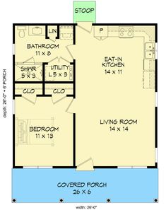 the floor plan for a two bedroom house with an attached bathroom and living room area