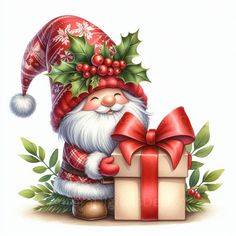 a painting of a santa clause holding a gift box with holly and berries on it