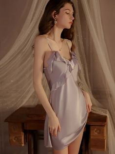 Light Purple Silky Suspender Nightdress Ruffled Nightdress With Robe Set-3 Matching Robes, Luxury Lingerie, Waist Length, Light Purple, Night Dress, Color Light, Nightwear, Women Lingerie, White Light