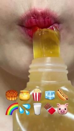 a woman's lips and nose are reflected in a bottle with food on it