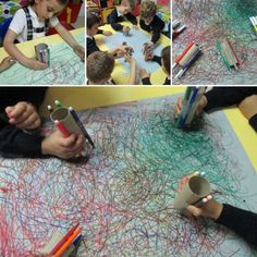 several pictures of children making art with crayons