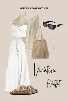 Stay cool and stylish on your vacation with this relaxed and breezy outfit! Featuring a chic white bandeau top paired with lightweight, flowy white pants and a sheer button-down shirt for an effortlessly elegant look. Accessorize with black sunglasses, a layered gold necklace, a woven tote bag, and comfortable beige sandals. Perfect for beach days, sightseeing, or casual strolls.#VacationStyle #SummerOutfit #BeachLook #TravelFashion #CasualChic #BreezyStyle #OOTD #FashionInspo #ResortWear #RelaxedLook ✨ Outfit Details:  White bandeau top Flowy white pants Sheer button-down shirt Black sunglasses Layered gold necklace Woven tote bag Beige sandals 🌞 Ideal for:  Beach outings Sightseeing Casual walks Hawaii Vacation Outfits, White Bandeau Top, Layered Gold Necklace, Retro Shades, Breezy Outfit, Hawaii Outfits, White Bandeau, Beige Sandals, Bloxburg Ideas