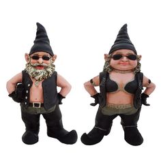 two garden gnomes wearing sunglasses and vests, one in the shape of a man