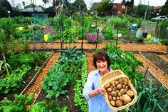 a woman holding a basket full of potatoes in a garden