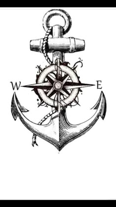 an anchor with a compass on it and the word w e written in black ink