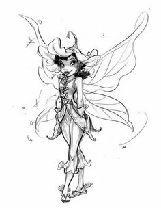 a black and white drawing of a fairy