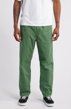 Made from durable organic-cotton twill, these straight-leg pants with an elastic waist are sure to be your everyday go-to. 29 1/2" inseam; 15" leg opening; 15" front rise; 16 1/2" back rise (size Medium) Elastic waist Front slant pockets; back patch pockets 100% organic cotton Dry clean or machine wash, tumble dry Imported Relaxed Fit Cotton Work Pants With Straight Leg, Relaxed Fit Cotton Work Pants, Cotton Work Pants With Relaxed Straight Leg Fit, Straight Fit Cotton Work Pants With Tapered Leg, Cotton Straight Leg Chinos With Elastic Waistband, Cotton Chinos With Elastic Waistband And Straight Leg, Cotton Chinos With Elastic Waistband, Relaxed Fit Straight Leg Chinos With Elastic Waistband, Green Straight Leg Cotton Chinos