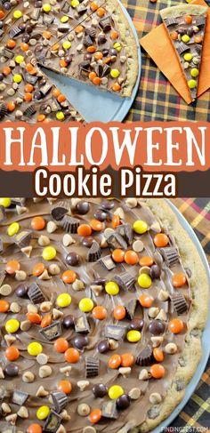 Giant chocolate chip cookie topped with melted chocolate, peanut butter hips, reese's pieces, mini peanut butter cups. Cookie Pizza Chocolate Chip, Halloween Fruit Pizza, Halloween Dessert Pizza, Halloween Desserts Cookies, Halloween Chocolate Chip Cookies, Candy Pizza, Pizza Halloween