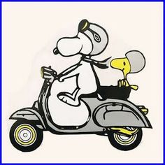 a drawing of a dog on a scooter with a duck in the back