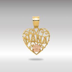 Celebrate your grandmother with a token of affection that is as timeless as it is beautiful: our 14K Gold NANA Necklace Pendant.  This exquisite piece features an engraved heart charm with a delicate floral design, making it the perfect special gift for Grandma, filled with sentiment and appreciation. Expertly crafted from premium 14K gold, this pendant displays a heart-shaped charm elegantly engraved with "NANA" in a classic script, surrounded by intricate floral patterns that enhance its femin Traditional Engraved Jewelry For Valentine's Day, Gold Engraved Heart Necklace For Mother's Day, Mother's Day Engraved Gold Heart Necklace, Mother's Day Engraved Heart Pendant Jewelry, Engraved Heart Pendant Jewelry For Mother's Day, Traditional Necklaces For Anniversary And Valentine's Day, Traditional Heart Charm Jewelry For Anniversary, Personalized Heirloom Jewelry For Mother's Day, Gold Heart Pendant Jewelry With Engraving Option