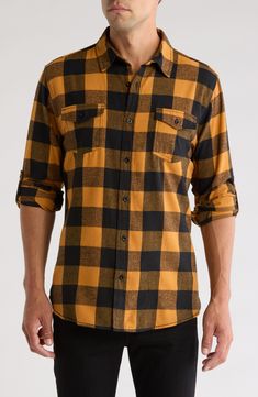 A classic plaid flannel shirt delivers rustic style and is made of a soft cotton blend for easy-wear comfort. 29" length (size Medium) 80% cotton, 20% polyester Machine wash, tumble dry Imported Yellow Flannel Shirt, Flannel Shirt Men, Yellow Flannel, Flannel Men, Mens Flannel Shirt, Plaid Flannel Shirt, Plaid Flannel, Rustic Style, Easy Wear