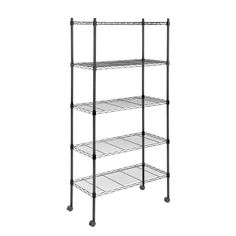 three tiered shelving unit with wheels on each side and four shelves in the middle