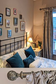 a bed room with a neatly made bed and some pictures on the wall above it