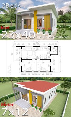 Small House Plans 7x12 with 2 Bedrooms 23x40 feet 6x8 Shed, Bungalow Floor Plans, Modern Shed, Bungalow Style House Plans, Custom Home Plans