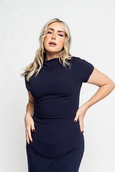 Carina Dress in Navy – Holley Girl Crew Neck Bodycon Dress, Fitted Ribbed High Neck Mini Dress, Fitted Ribbed Mini Dress With High Neck, Ribbed Fitted High Neck Mini Dress, Stretch Ribbed Bodycon Dress With Short Sleeves, Casual Fitted Turtleneck Mini Dress, Fitted Ribbed Mini Dress With Short Sleeves, Stretch Ribbed Turtleneck Mini Dress, High Neck Stretch Mini Dress