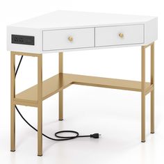 a white desk with two drawers and a cord connected to it