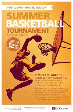 a poster for the summer basketball tournament with an image of a man dunking a basketball hoop